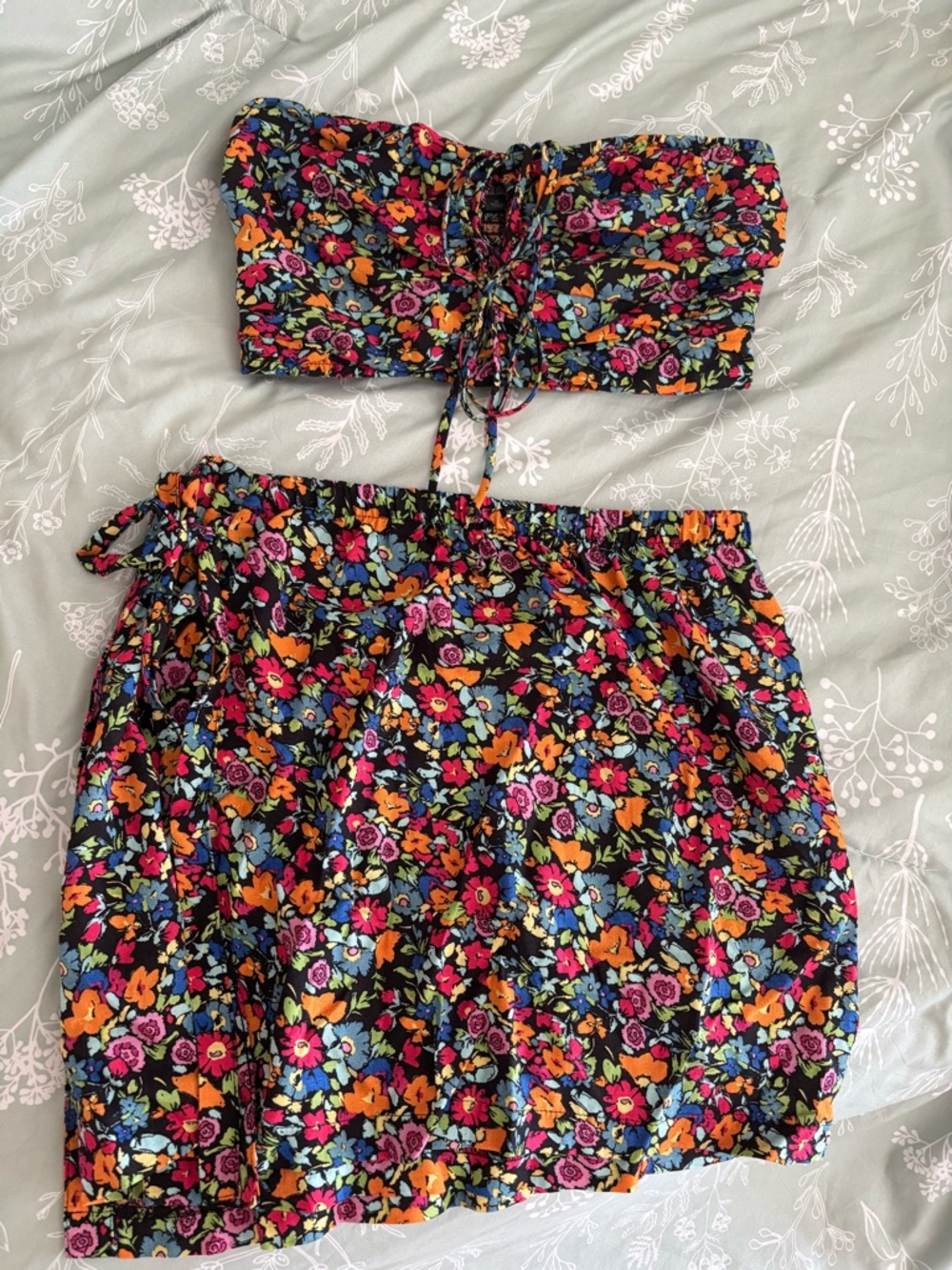Floral Two-Piece Tube Top and Skirt Set - Black Base with Bright Floral Print